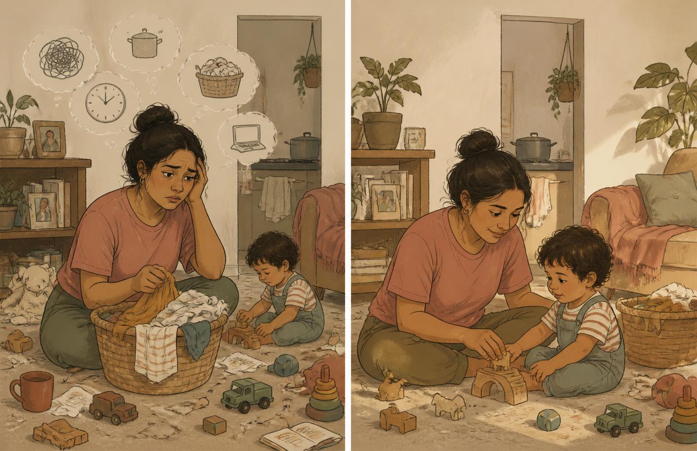 Ilustración de la misma mamá en dos momentos: primero sobreviviendo, después con un poco más de espacio.