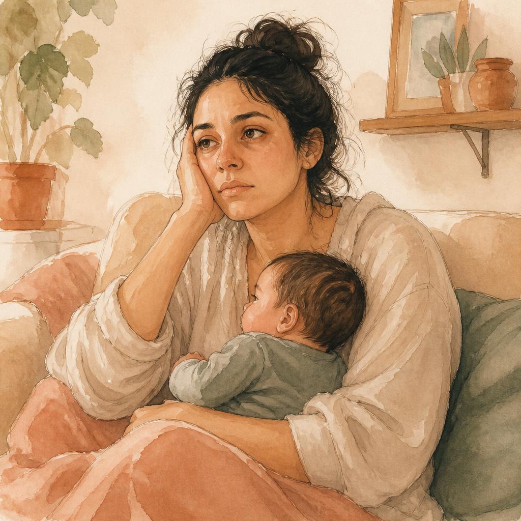 Ilustración de una mamá agotada sosteniendo a su bebé.