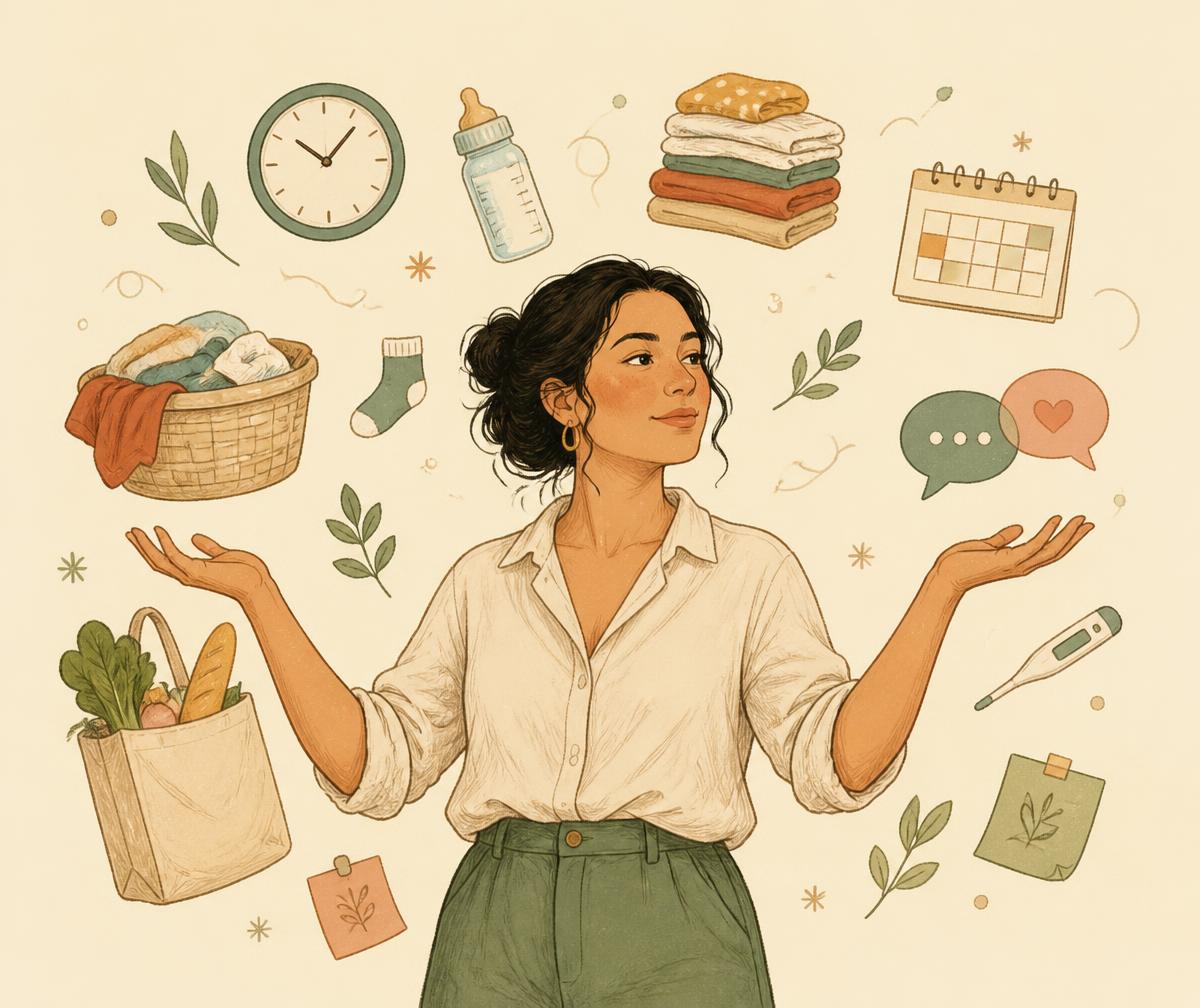 Ilustración de una mamá rodeada de símbolos de la carga mental.